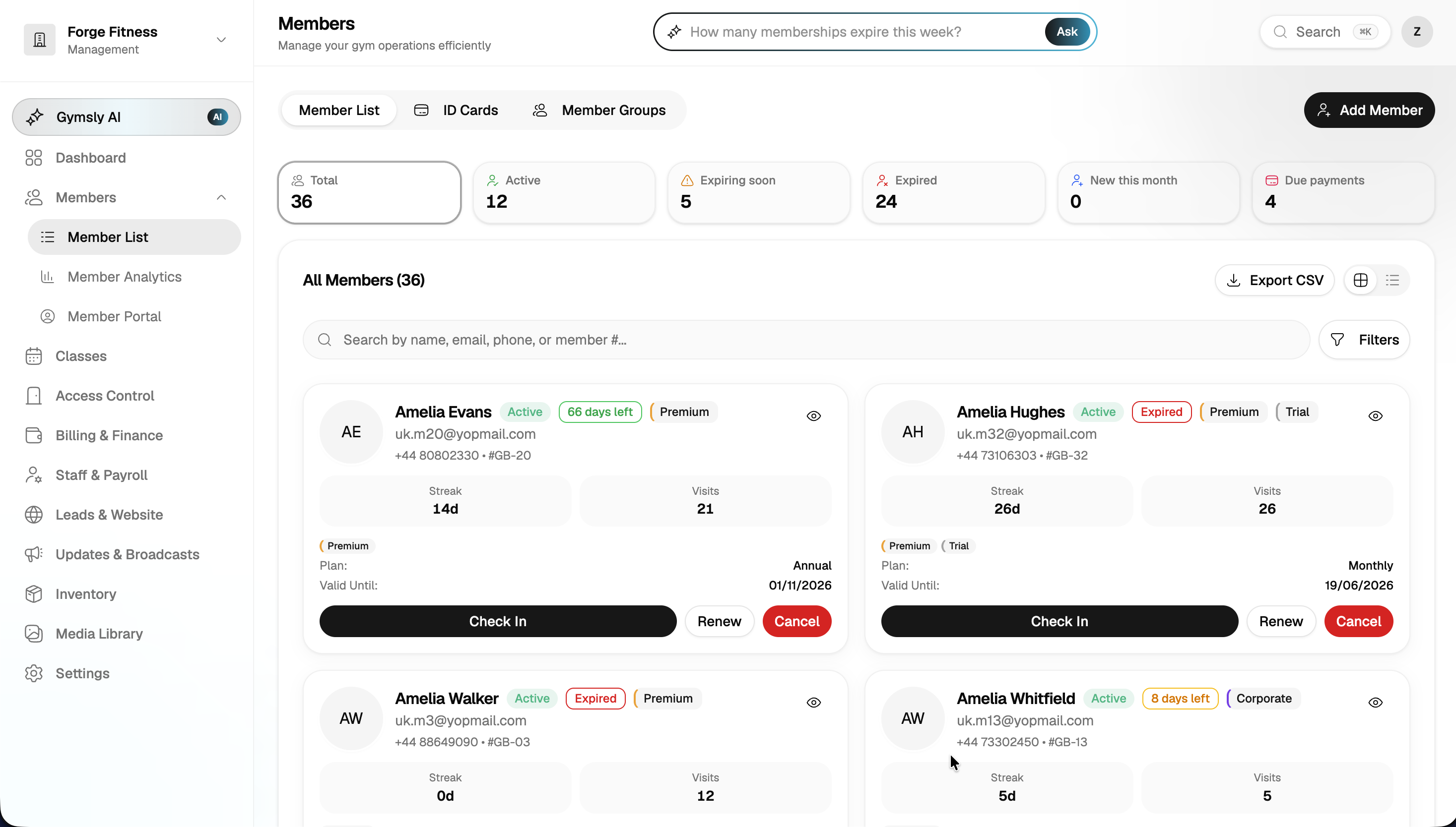 Mitgliederliste mit Status, Serien, Besuchen und Check-in
